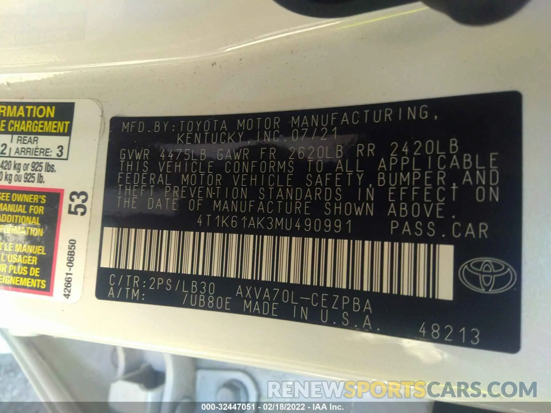 9 fotografías del automóvil dañado 4T1K61AK3MU490991 TOYOTA CAMRY 2021