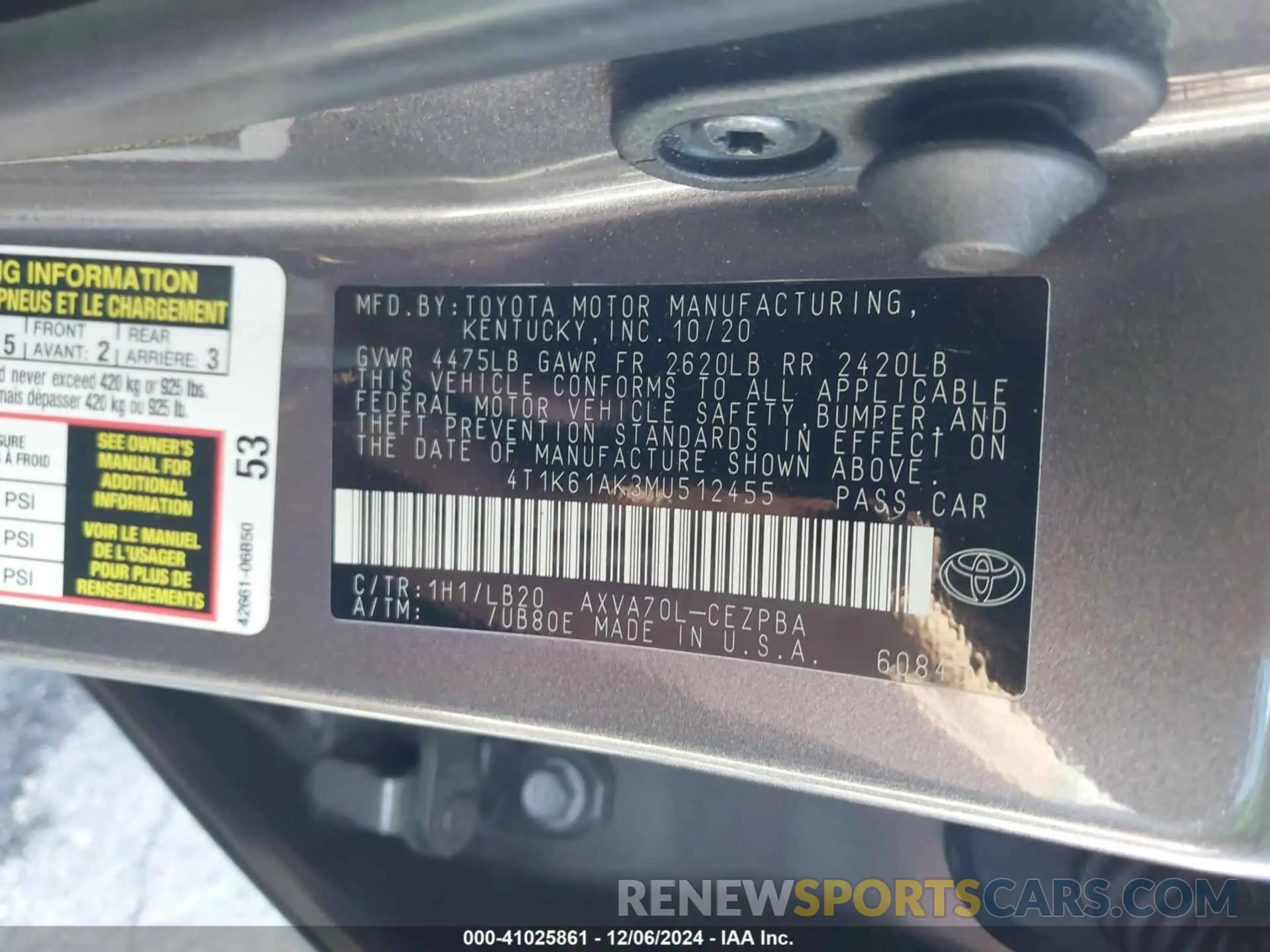 9 fotografías del automóvil dañado 4T1K61AK3MU512455 TOYOTA CAMRY 2021