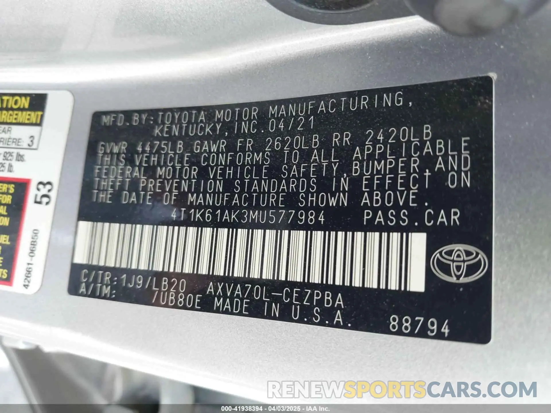 9 fotografías del automóvil dañado 4T1K61AK3MU577984 TOYOTA CAMRY 2021