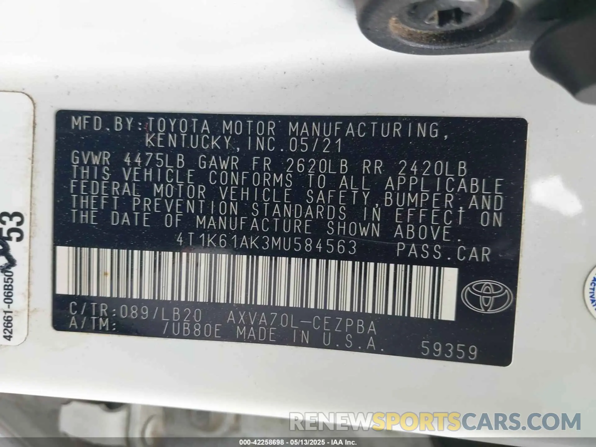 9 fotografías del automóvil dañado 4T1K61AK3MU584563 TOYOTA CAMRY 2021
