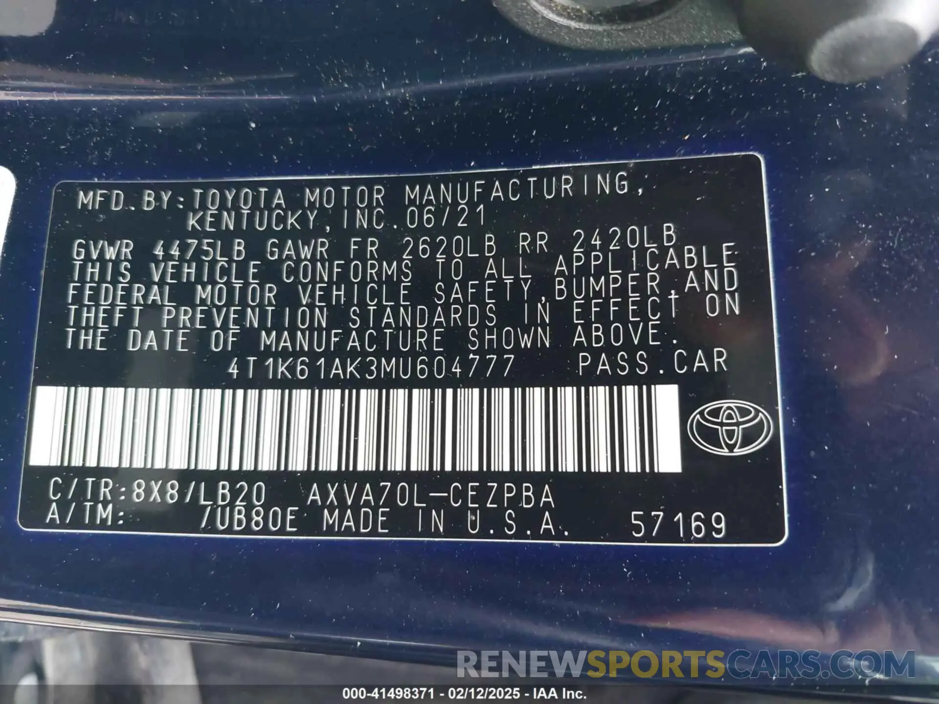 9 fotografías del automóvil dañado 4T1K61AK3MU604777 TOYOTA CAMRY 2021