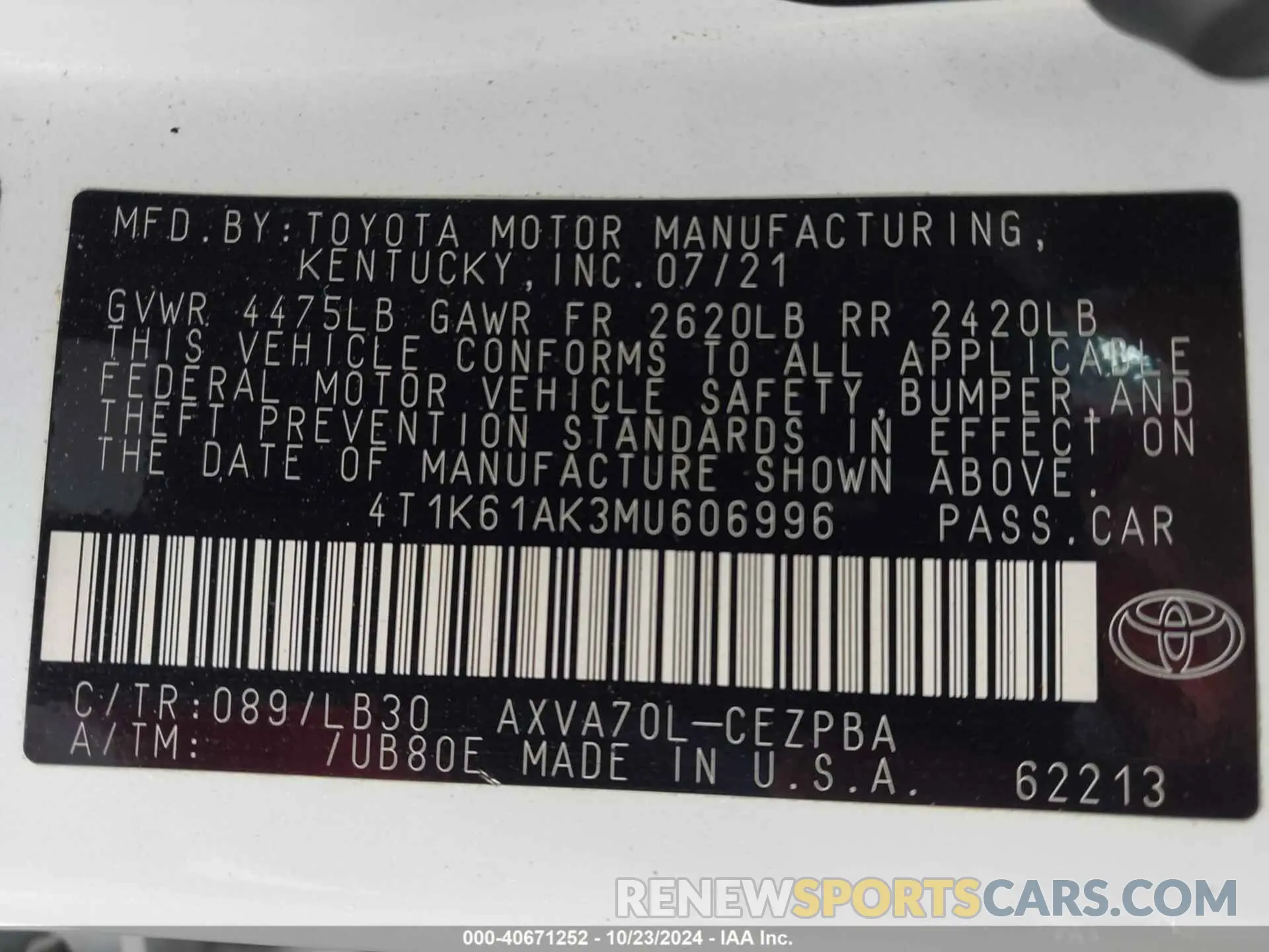 9 fotografías del automóvil dañado 4T1K61AK3MU606996 TOYOTA CAMRY 2021