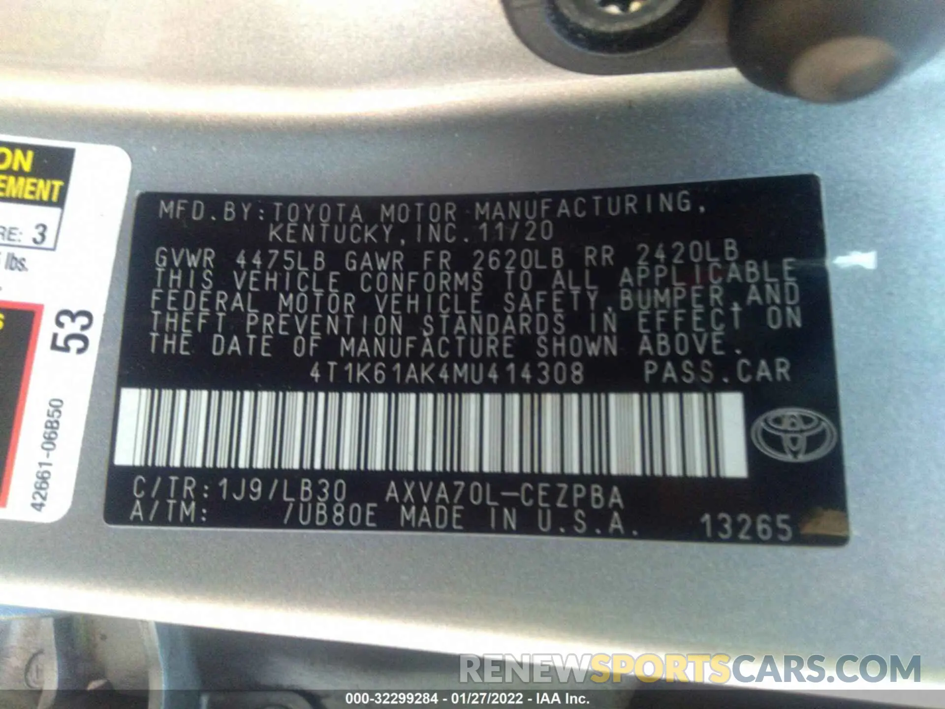9 fotografías del automóvil dañado 4T1K61AK4MU414308 TOYOTA CAMRY 2021