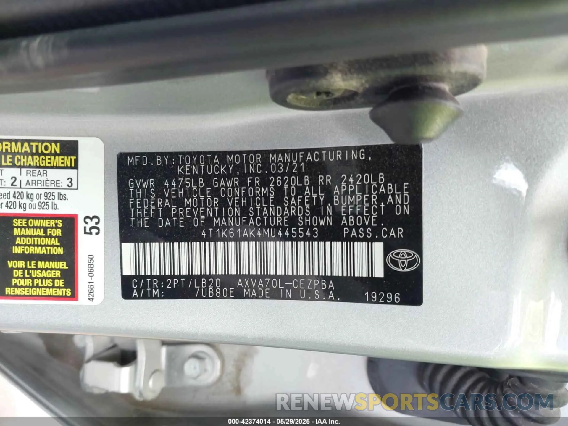9 fotografías del automóvil dañado 4T1K61AK4MU445543 TOYOTA CAMRY 2021