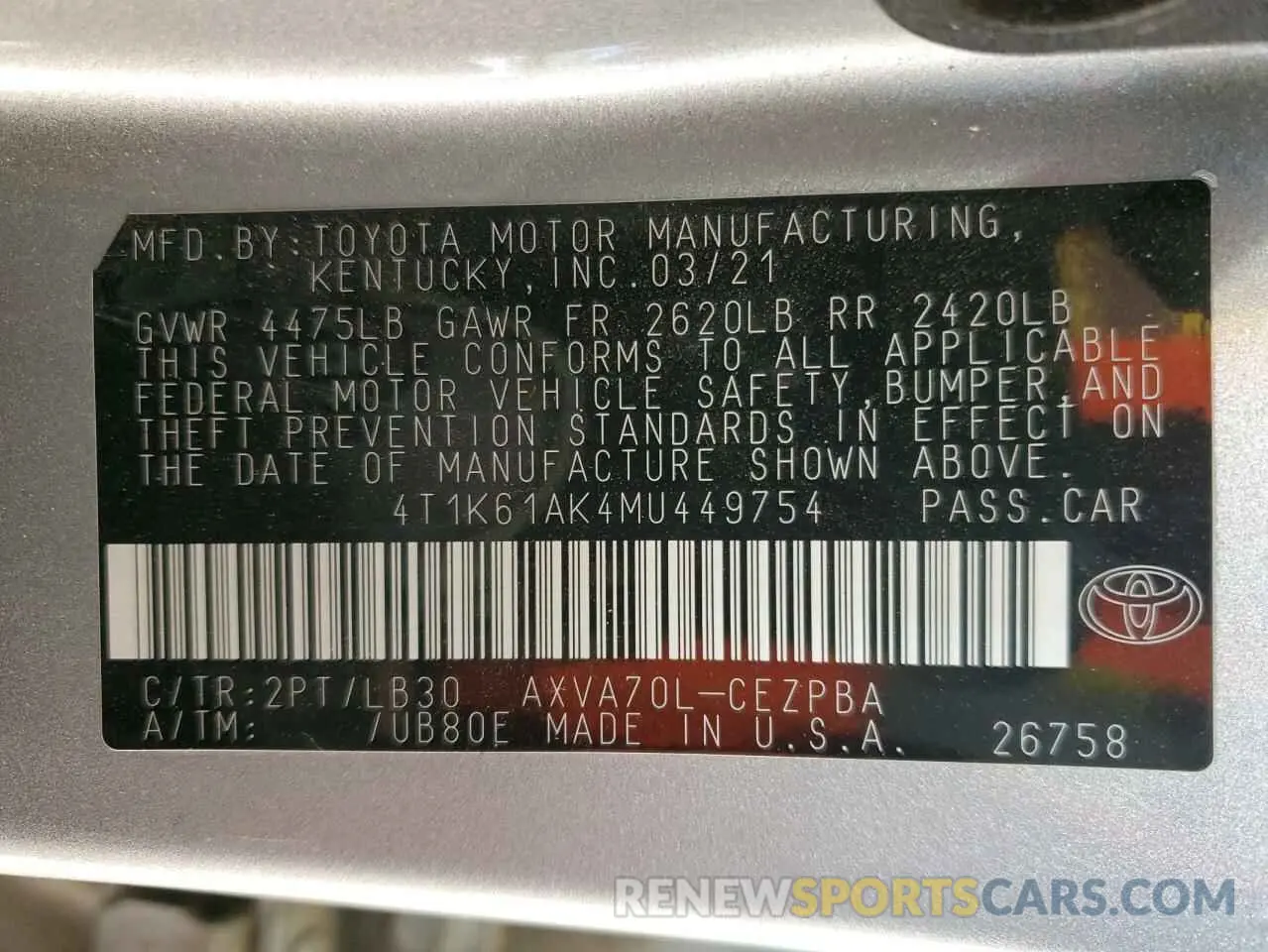 12 fotografías del automóvil dañado 4T1K61AK4MU449754 TOYOTA CAMRY 2021