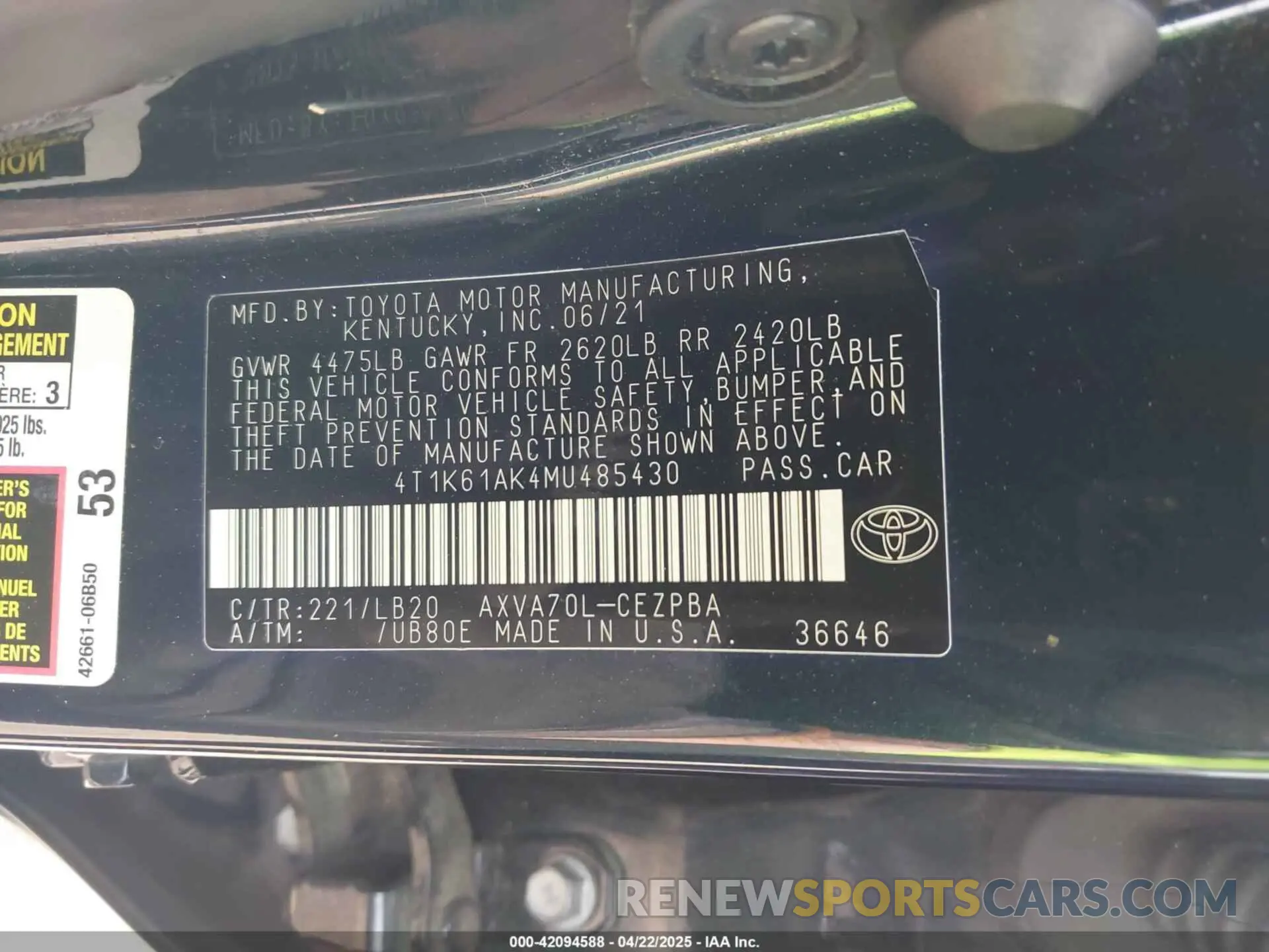 9 fotografías del automóvil dañado 4T1K61AK4MU485430 TOYOTA CAMRY 2021