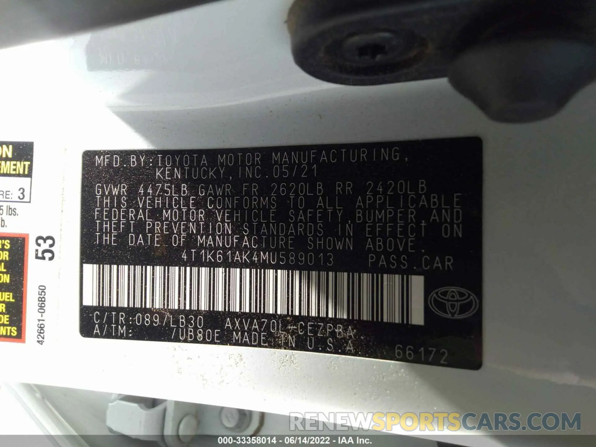 9 fotografías del automóvil dañado 4T1K61AK4MU589013 TOYOTA CAMRY 2021