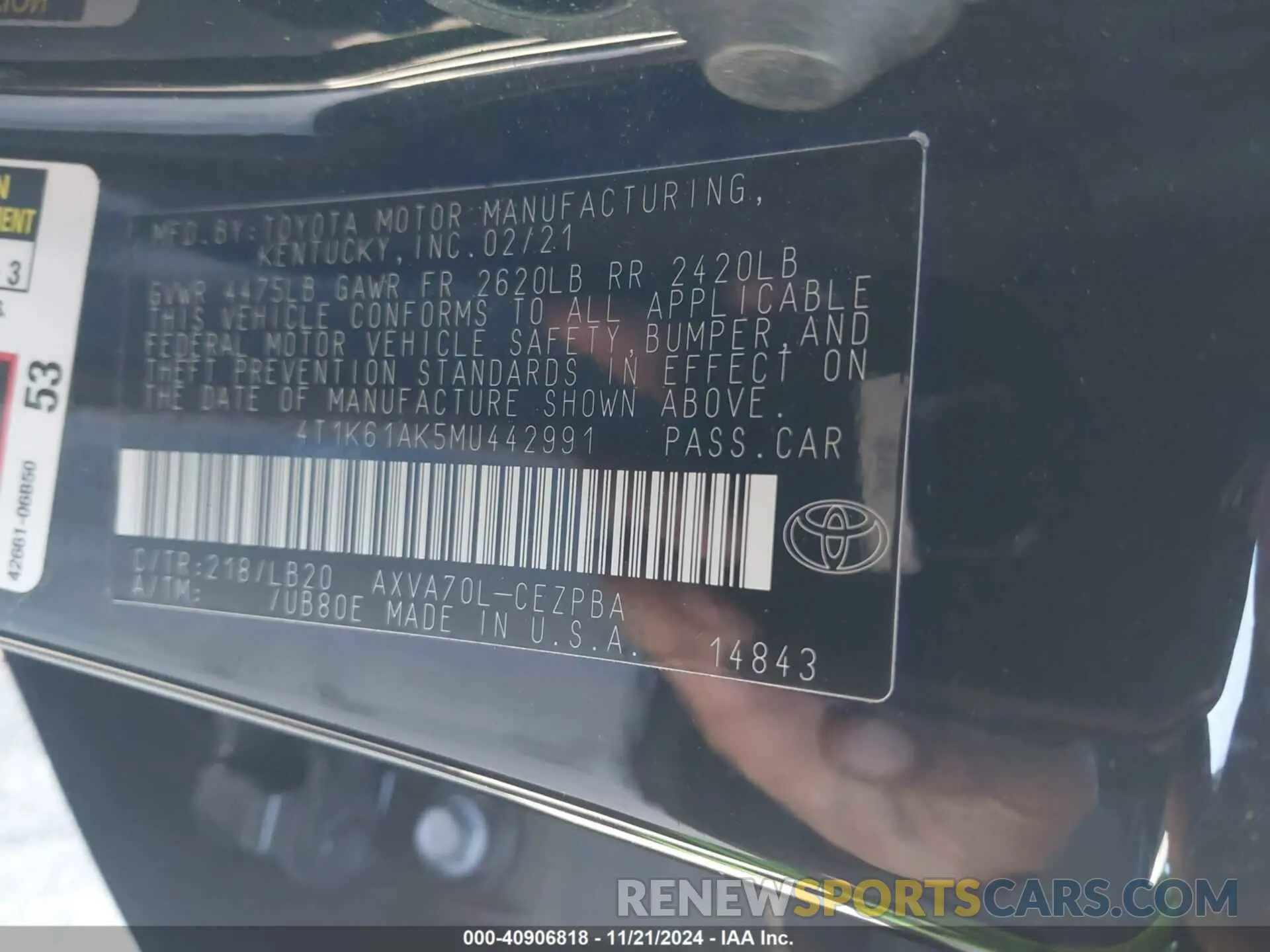 9 fotografías del automóvil dañado 4T1K61AK5MU442991 TOYOTA CAMRY 2021