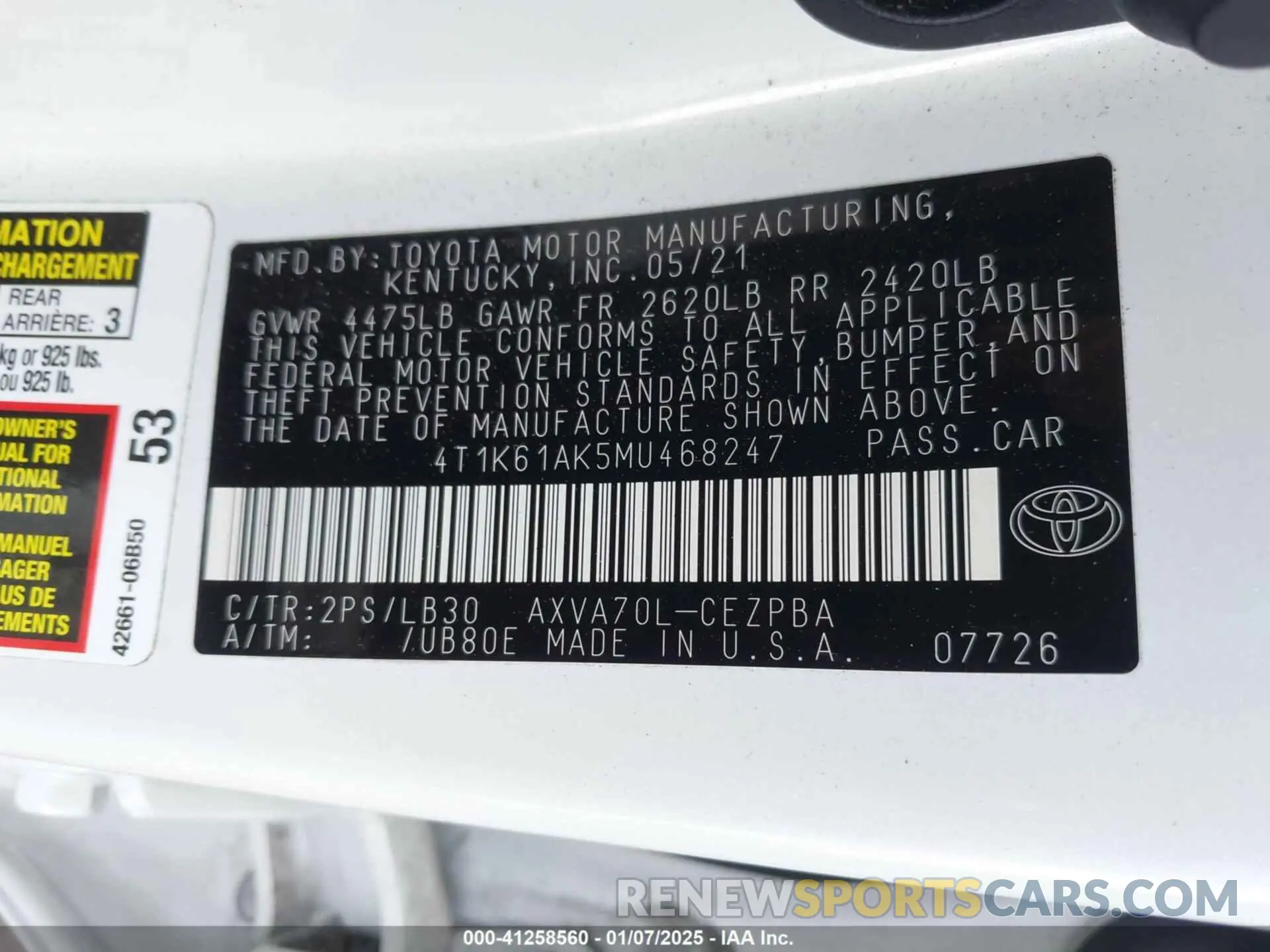 9 fotografías del automóvil dañado 4T1K61AK5MU468247 TOYOTA CAMRY 2021
