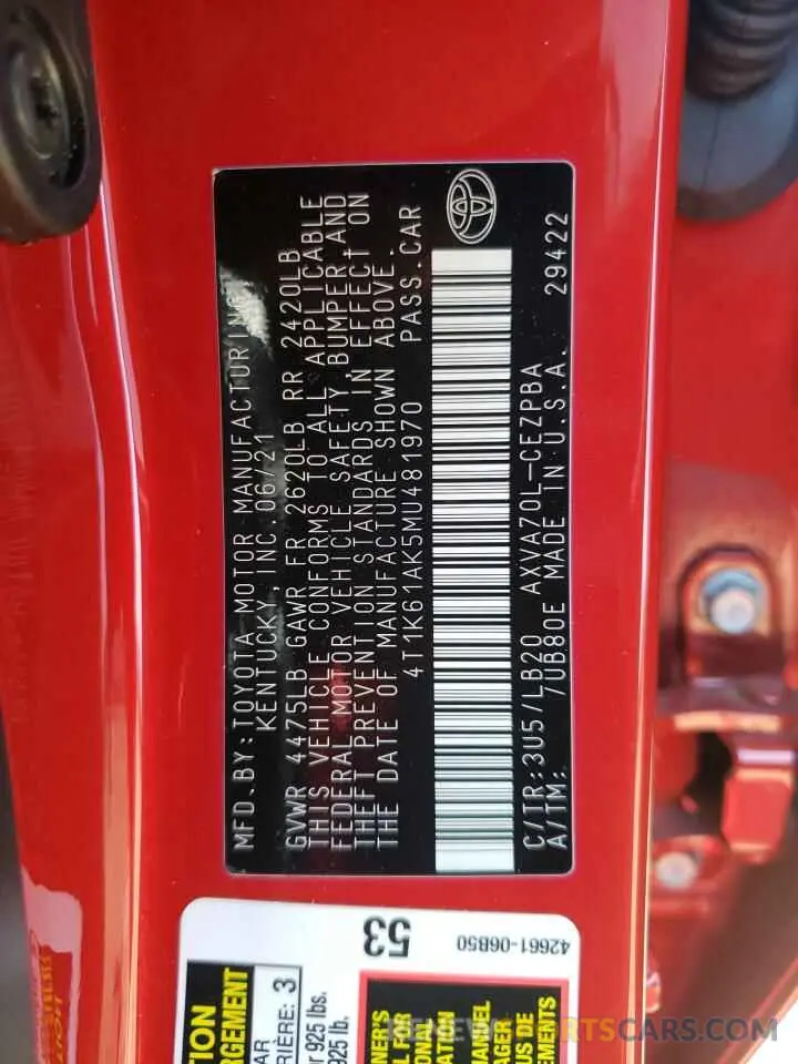 10 fotografías del automóvil dañado 4T1K61AK5MU481970 TOYOTA CAMRY 2021