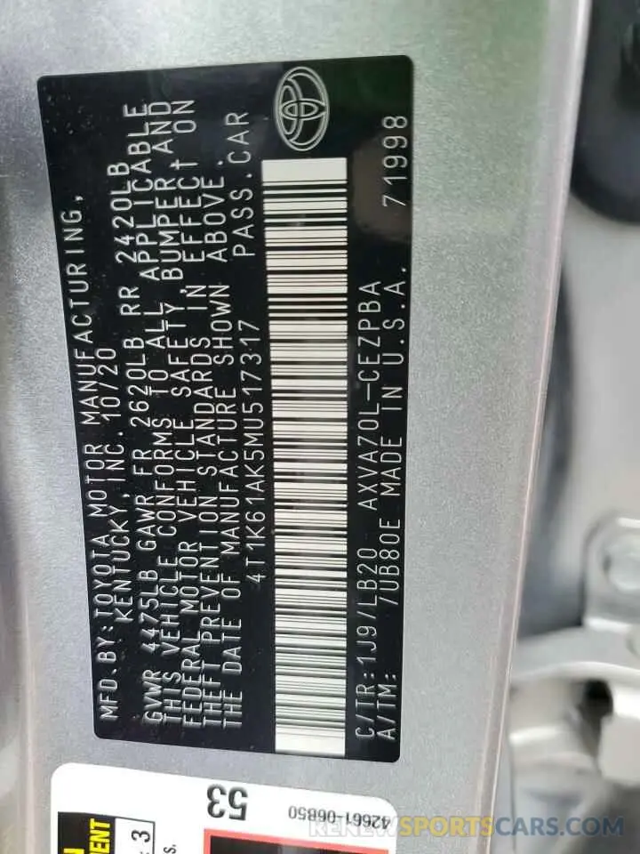 12 fotografías del automóvil dañado 4T1K61AK5MU517317 TOYOTA CAMRY 2021