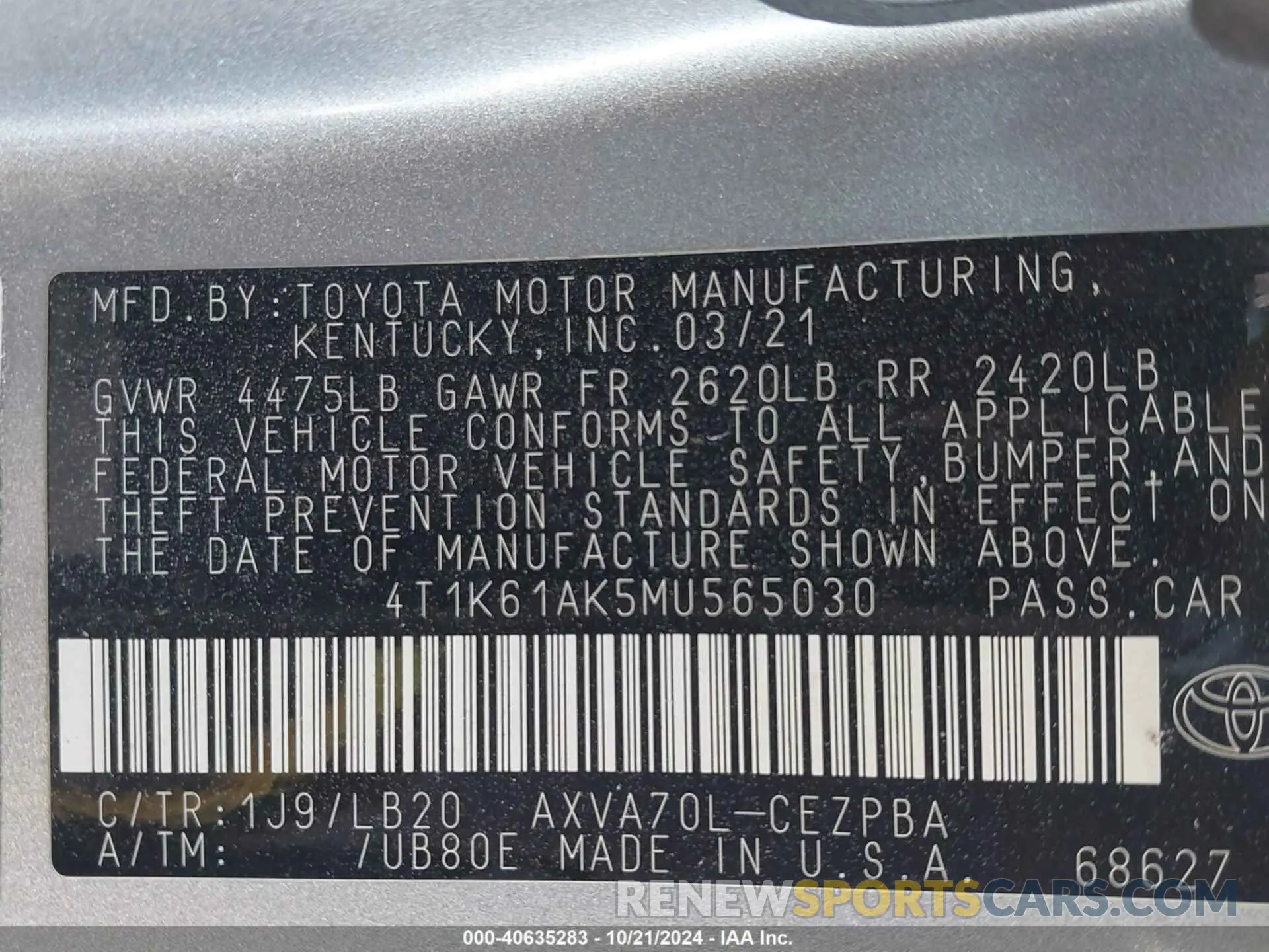 9 fotografías del automóvil dañado 4T1K61AK5MU565030 TOYOTA CAMRY 2021