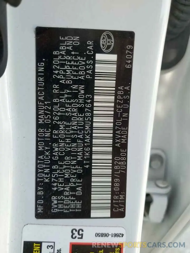 13 fotografías del automóvil dañado 4T1K61AK5MU587643 TOYOTA CAMRY 2021