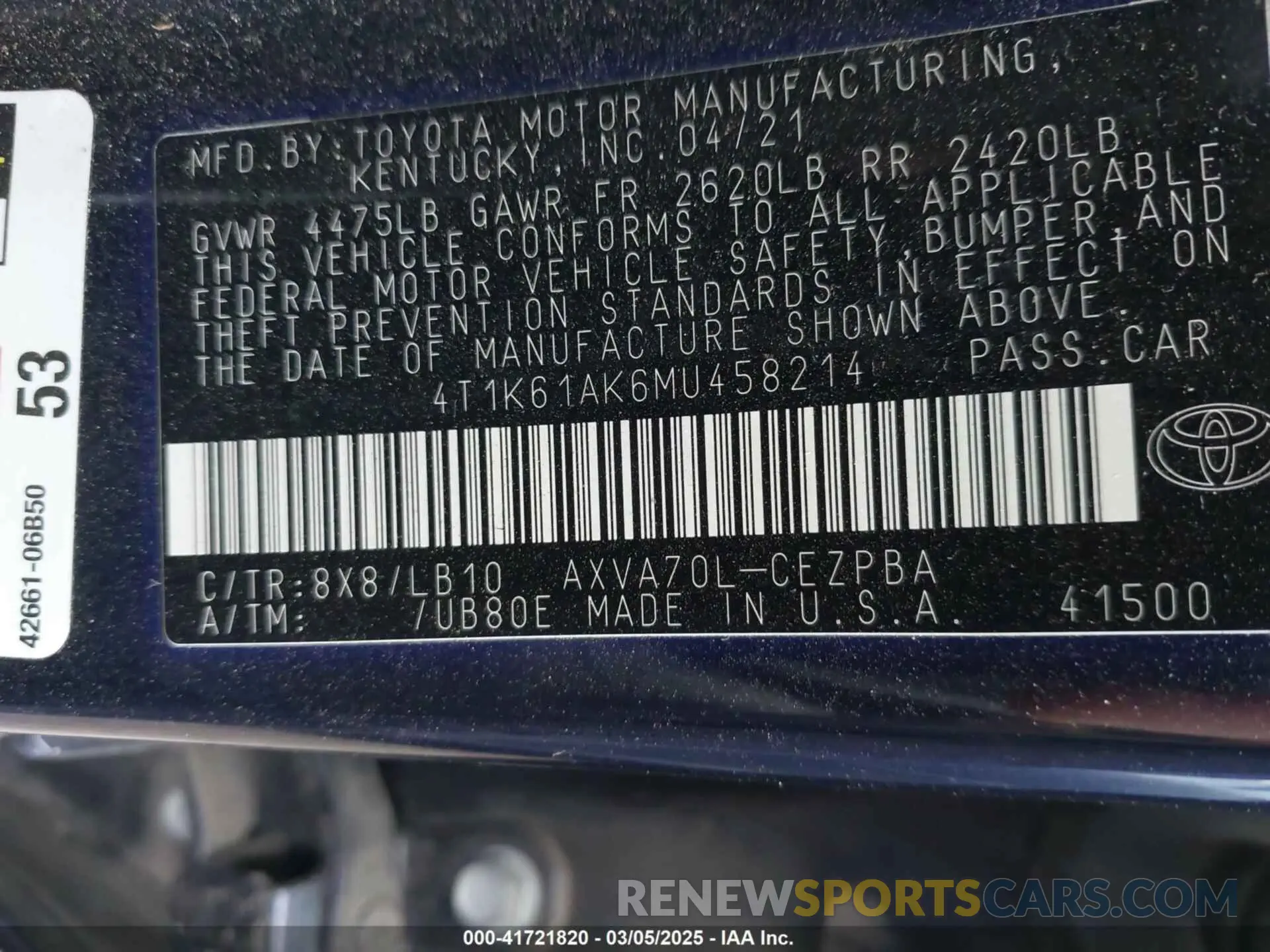 9 fotografías del automóvil dañado 4T1K61AK6MU458214 TOYOTA CAMRY 2021