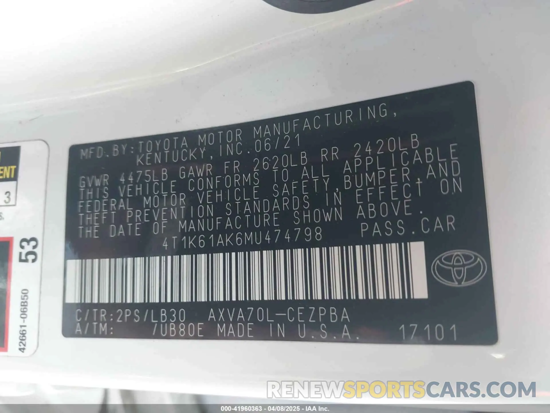 9 fotografías del automóvil dañado 4T1K61AK6MU474798 TOYOTA CAMRY 2021