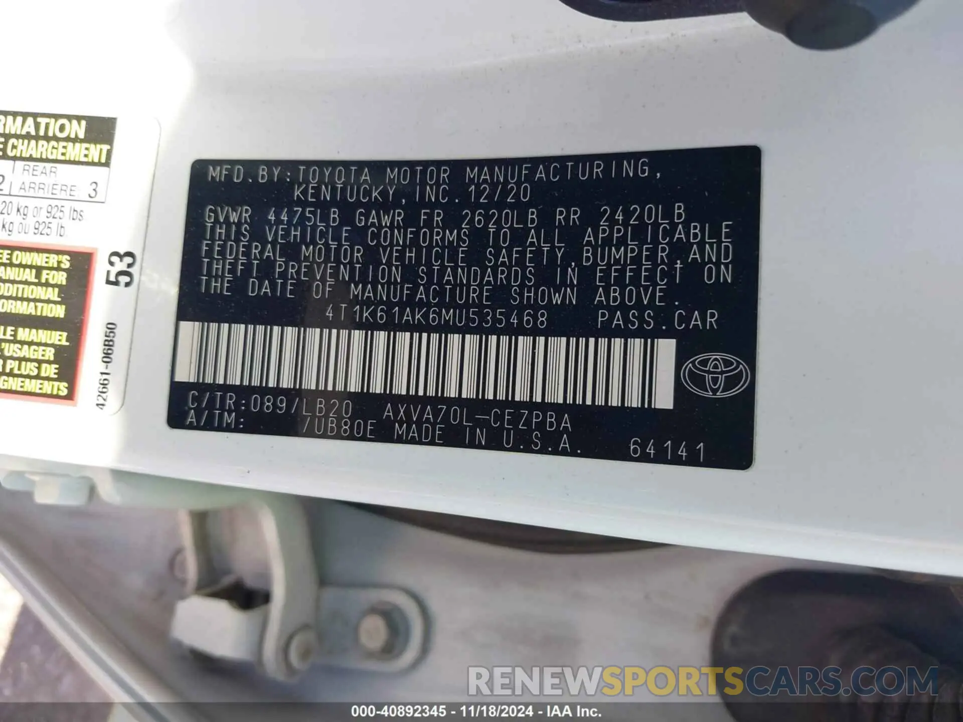 9 fotografías del automóvil dañado 4T1K61AK6MU535468 TOYOTA CAMRY 2021