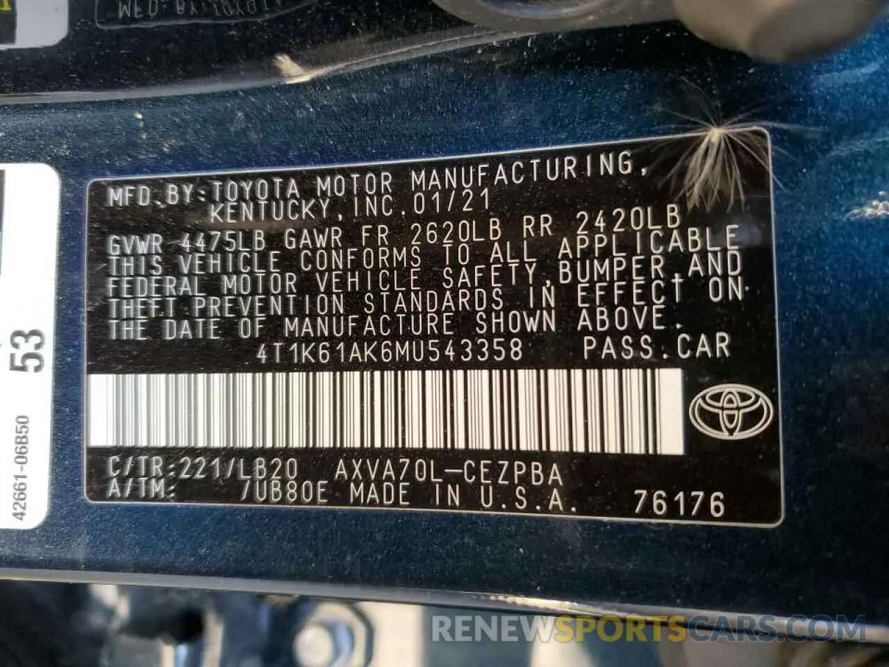 12 fotografías del automóvil dañado 4T1K61AK6MU543358 TOYOTA CAMRY 2021