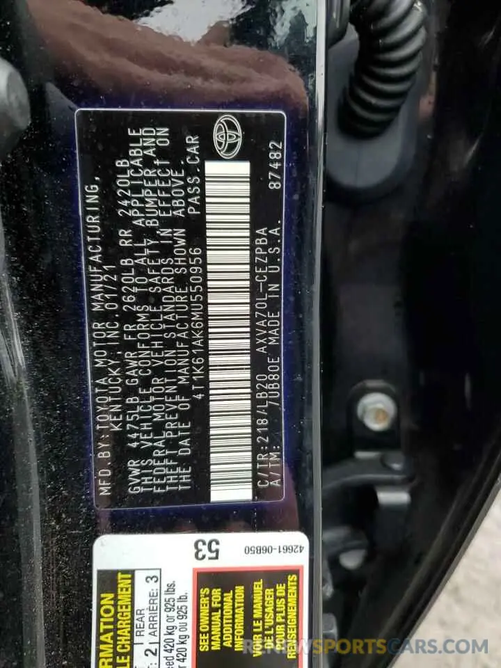 12 fotografías del automóvil dañado 4T1K61AK6MU550956 TOYOTA CAMRY 2021