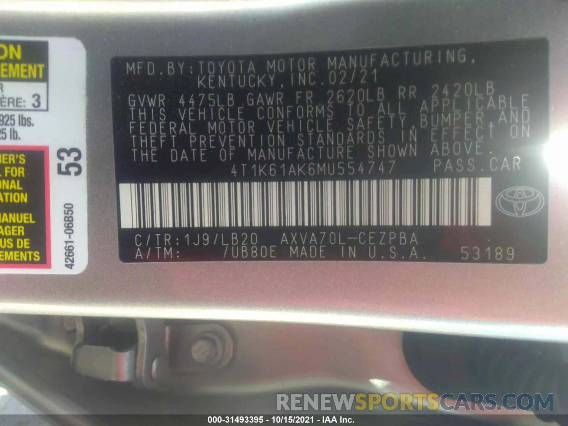 9 fotografías del automóvil dañado 4T1K61AK6MU554747 TOYOTA CAMRY 2021