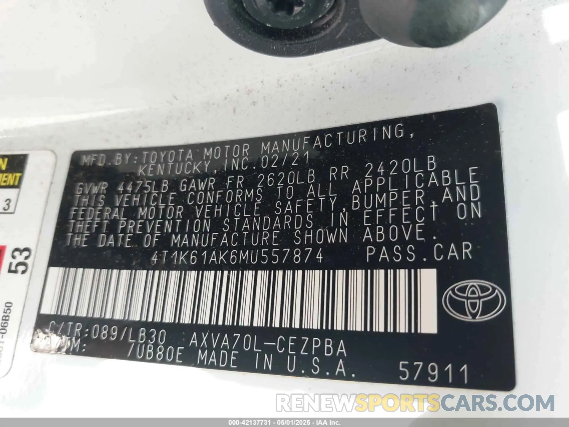 9 fotografías del automóvil dañado 4T1K61AK6MU557874 TOYOTA CAMRY 2021