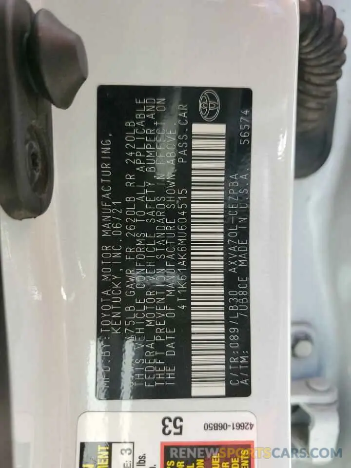 12 fotografías del automóvil dañado 4T1K61AK6MU604515 TOYOTA CAMRY 2021
