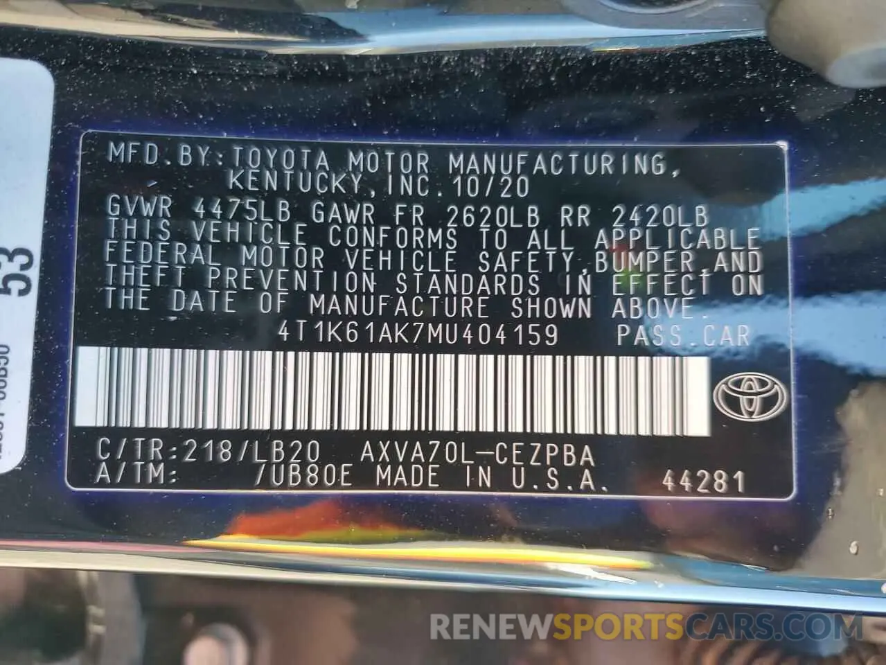 12 fotografías del automóvil dañado 4T1K61AK7MU404159 TOYOTA CAMRY 2021
