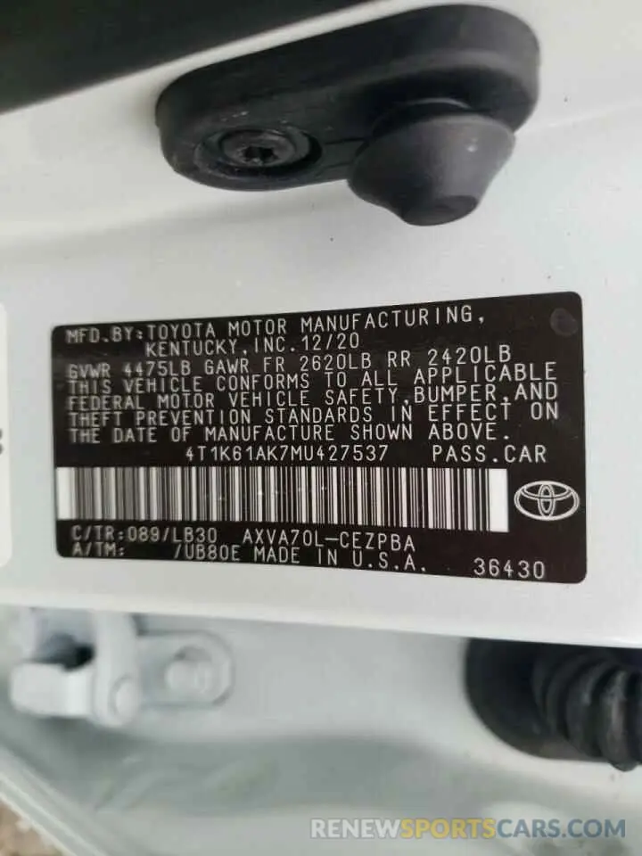 10 fotografías del automóvil dañado 4T1K61AK7MU427537 TOYOTA CAMRY 2021