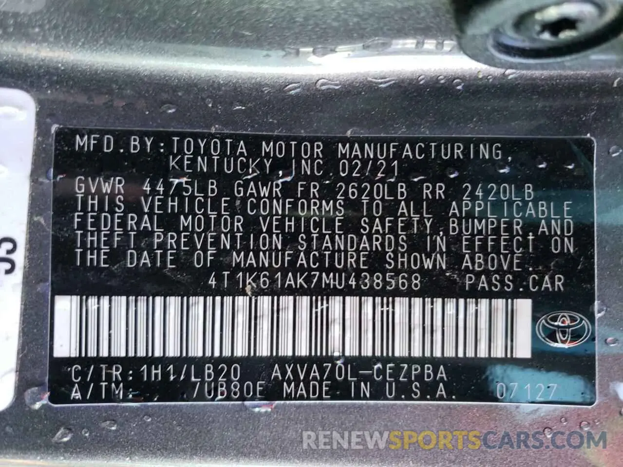 10 fotografías del automóvil dañado 4T1K61AK7MU438568 TOYOTA CAMRY 2021