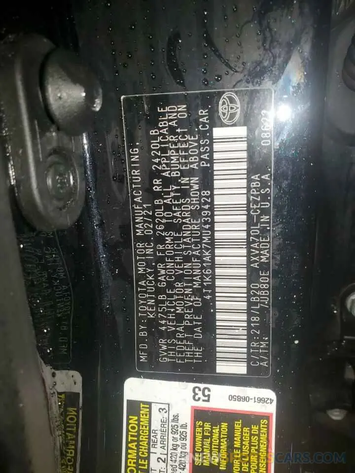 13 fotografías del automóvil dañado 4T1K61AK7MU439428 TOYOTA CAMRY 2021