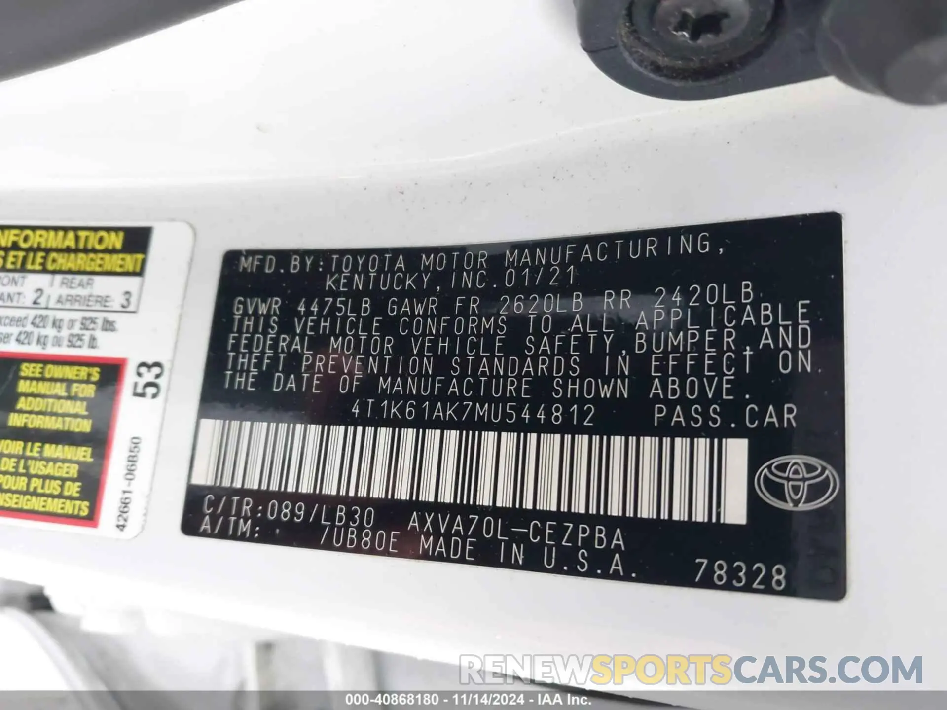 9 fotografías del automóvil dañado 4T1K61AK7MU544812 TOYOTA CAMRY 2021