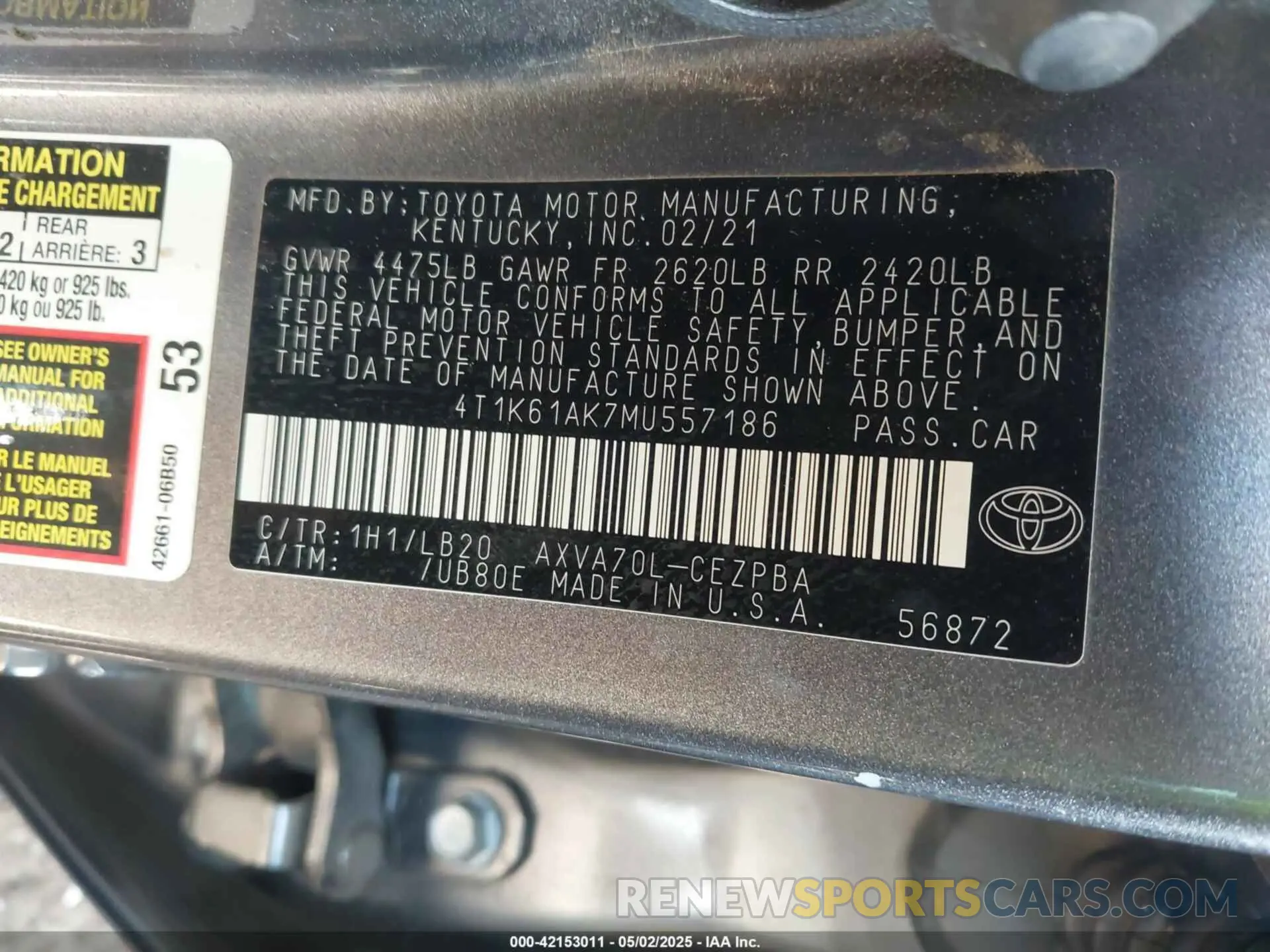9 fotografías del automóvil dañado 4T1K61AK7MU557186 TOYOTA CAMRY 2021