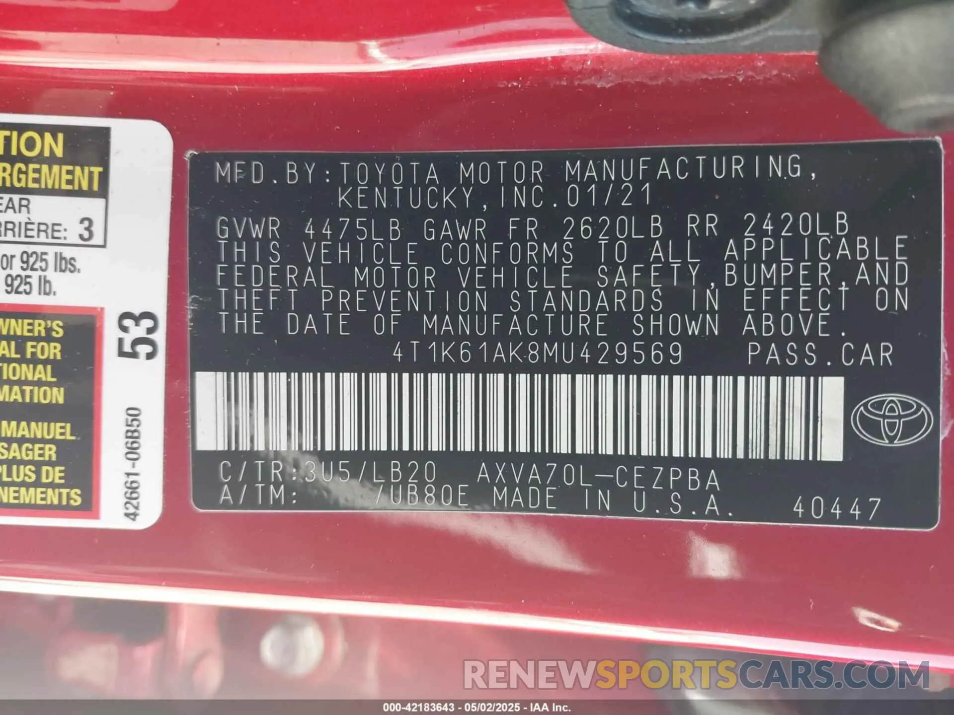 9 fotografías del automóvil dañado 4T1K61AK8MU429569 TOYOTA CAMRY 2021