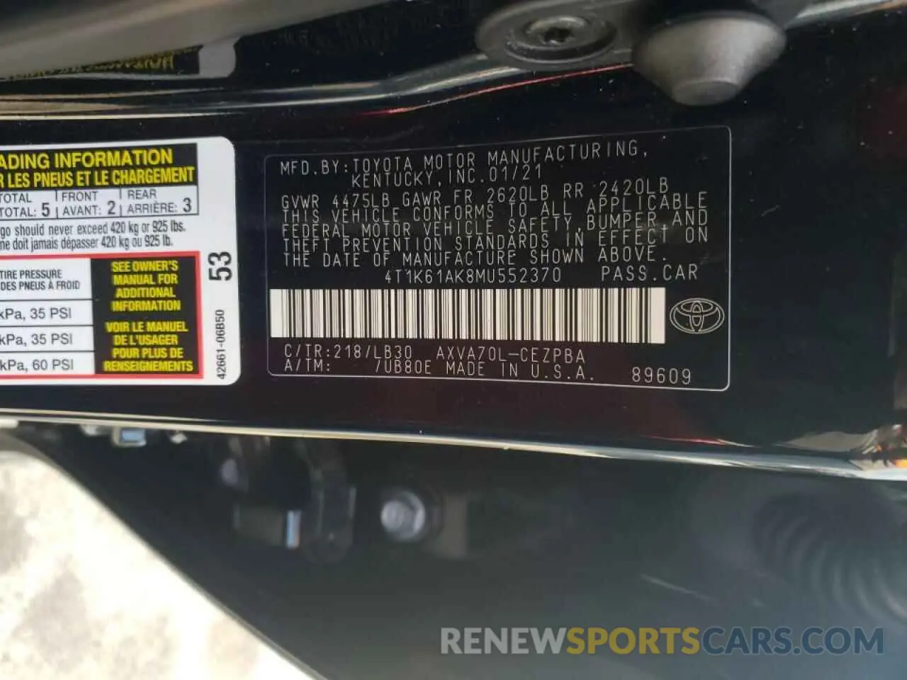 10 fotografías del automóvil dañado 4T1K61AK8MU552370 TOYOTA CAMRY 2021