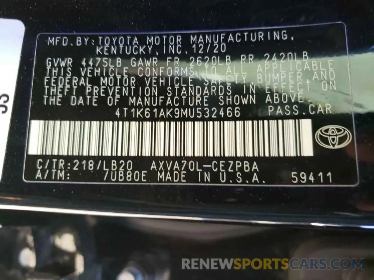 10 fotografías del automóvil dañado 4T1K61AK9MU532466 TOYOTA CAMRY 2021