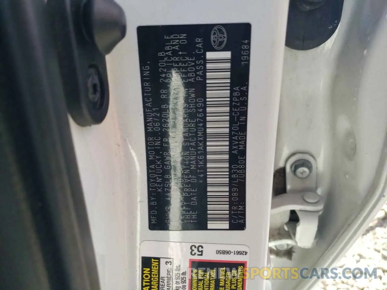 12 fotografías del automóvil dañado 4T1K61AKXMU476490 TOYOTA CAMRY 2021
