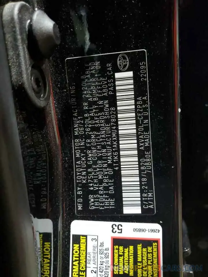 12 fotografías del automóvil dañado 4T1K61AKXMU478028 TOYOTA CAMRY 2021