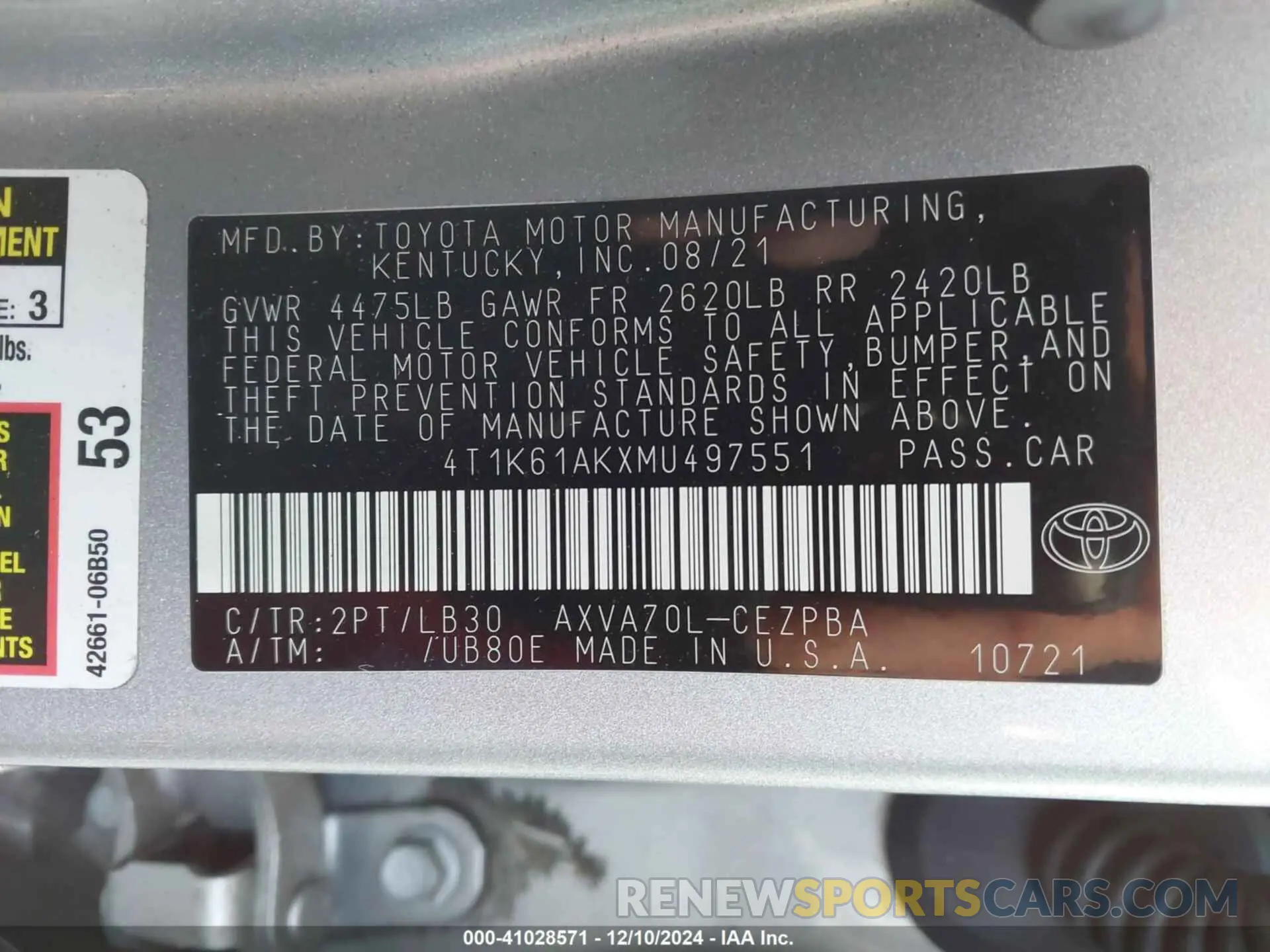 9 fotografías del automóvil dañado 4T1K61AKXMU497551 TOYOTA CAMRY 2021