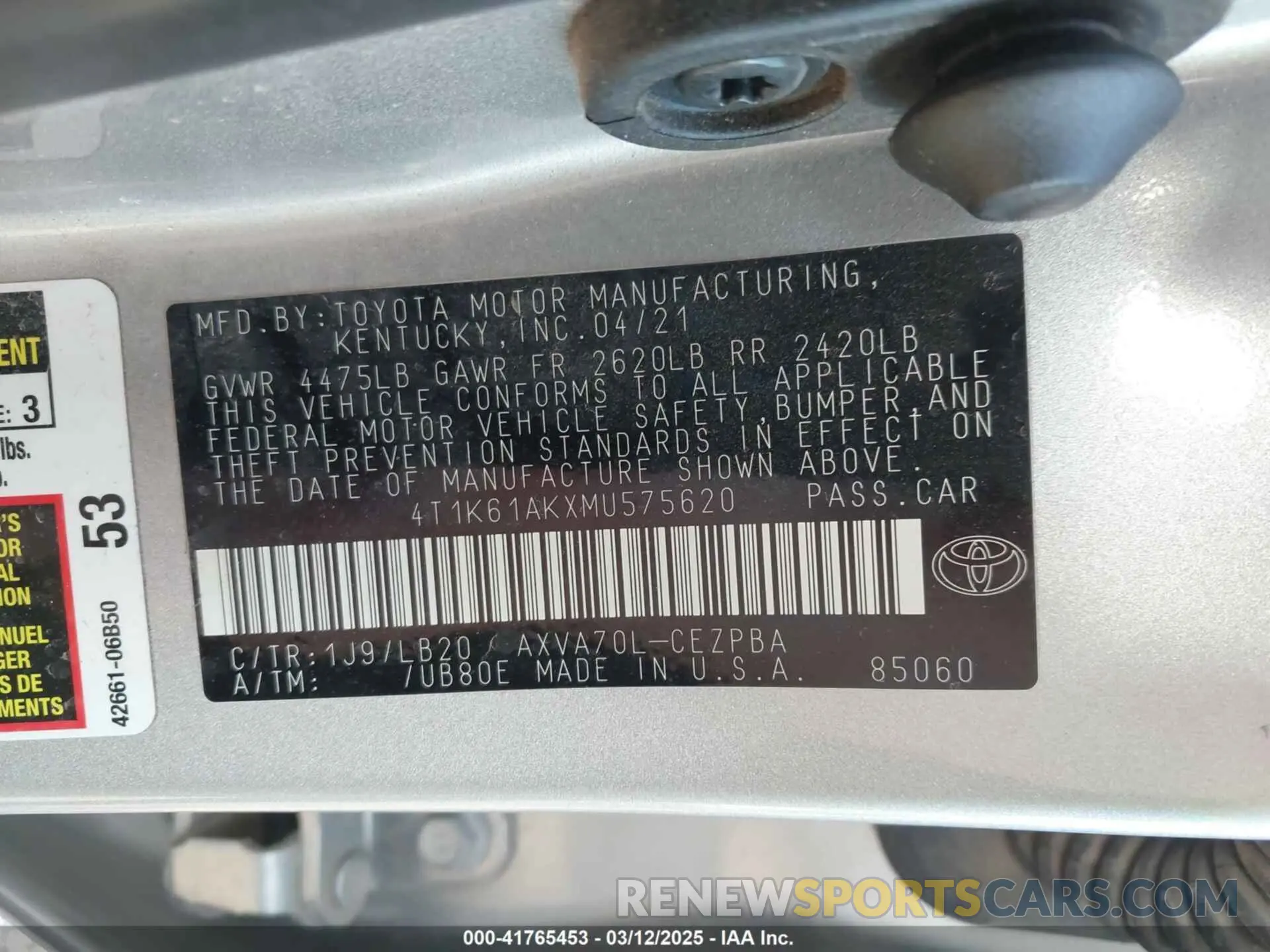 9 fotografías del automóvil dañado 4T1K61AKXMU575620 TOYOTA CAMRY 2021