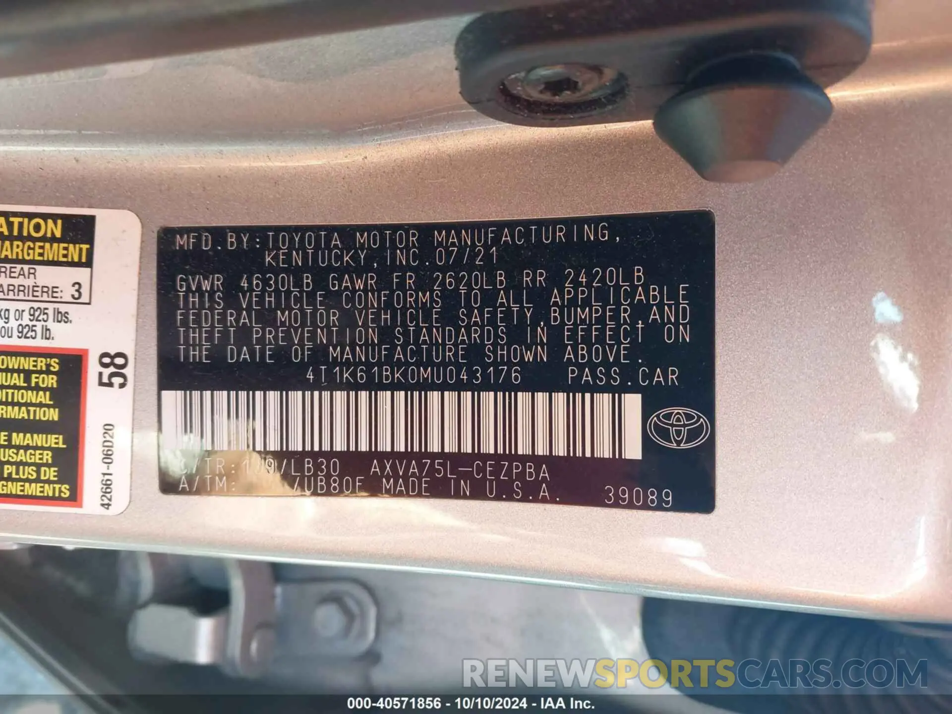 9 fotografías del automóvil dañado 4T1K61BK0MU043176 TOYOTA CAMRY 2021