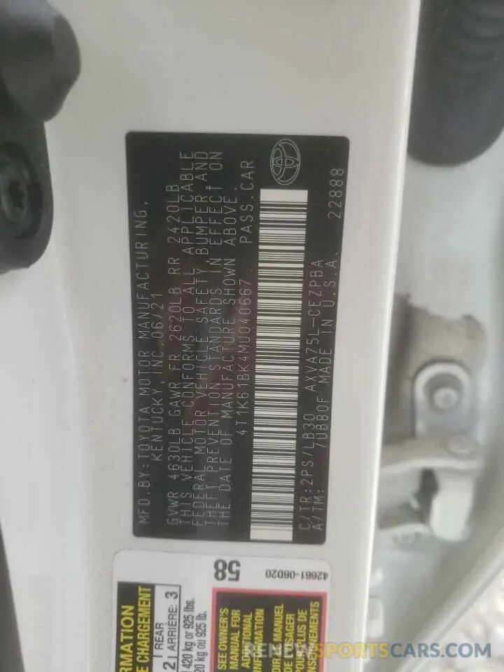 12 fotografías del automóvil dañado 4T1K61BK4MU040667 TOYOTA CAMRY 2021
