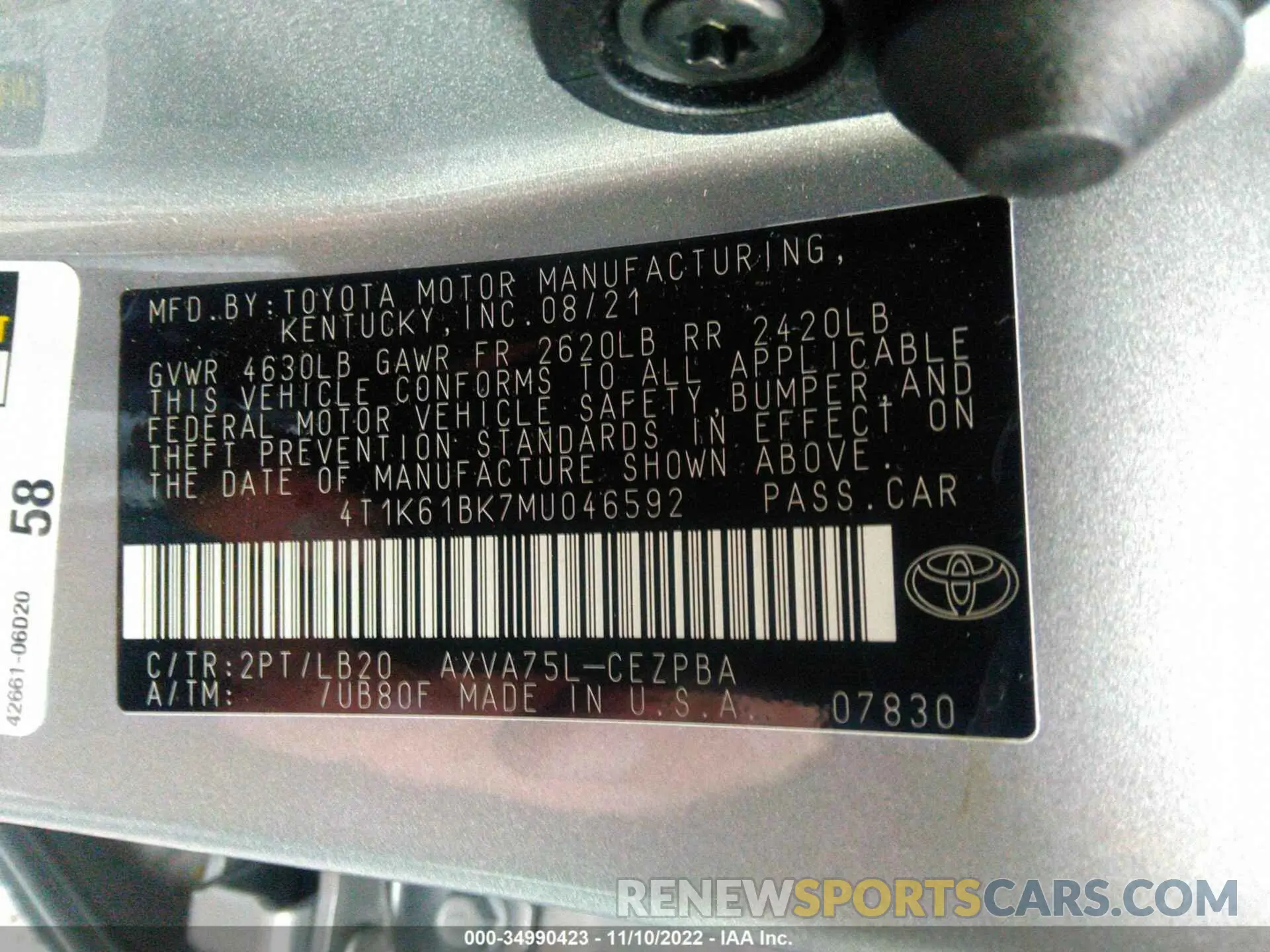 9 fotografías del automóvil dañado 4T1K61BK7MU046592 TOYOTA CAMRY 2021