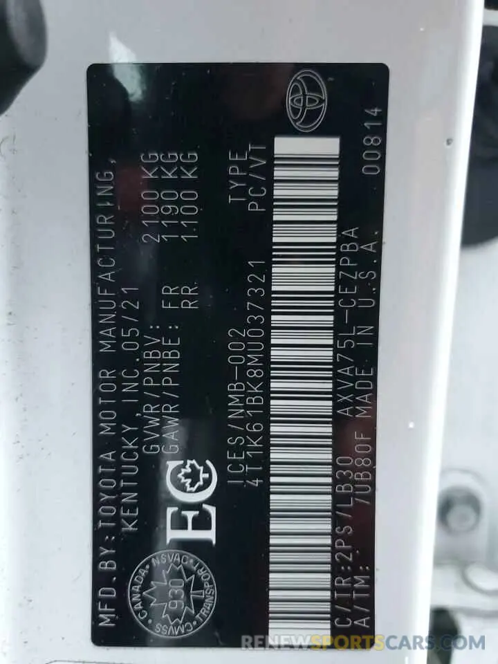 12 fotografías del automóvil dañado 4T1K61BK8MU037321 TOYOTA CAMRY 2021