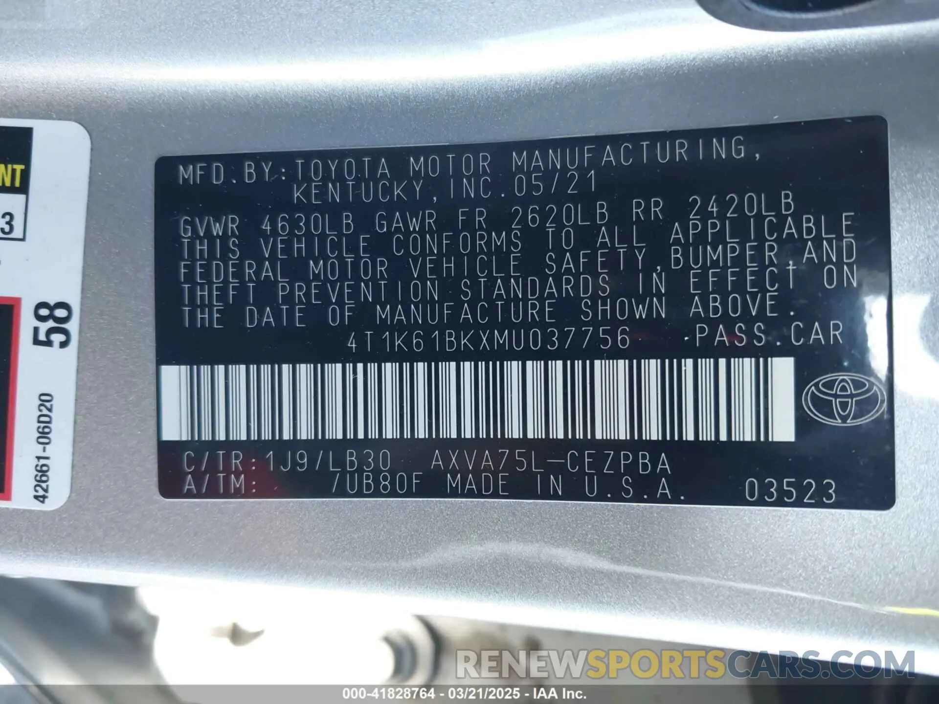 9 fotografías del automóvil dañado 4T1K61BKXMU037756 TOYOTA CAMRY 2021