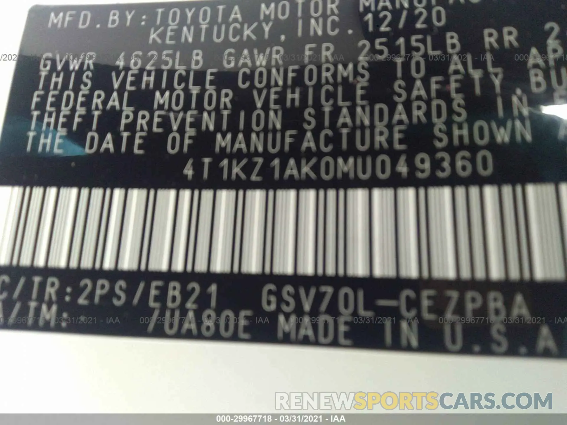 9 fotografías del automóvil dañado 4T1KZ1AK0MU049360 TOYOTA CAMRY 2021
