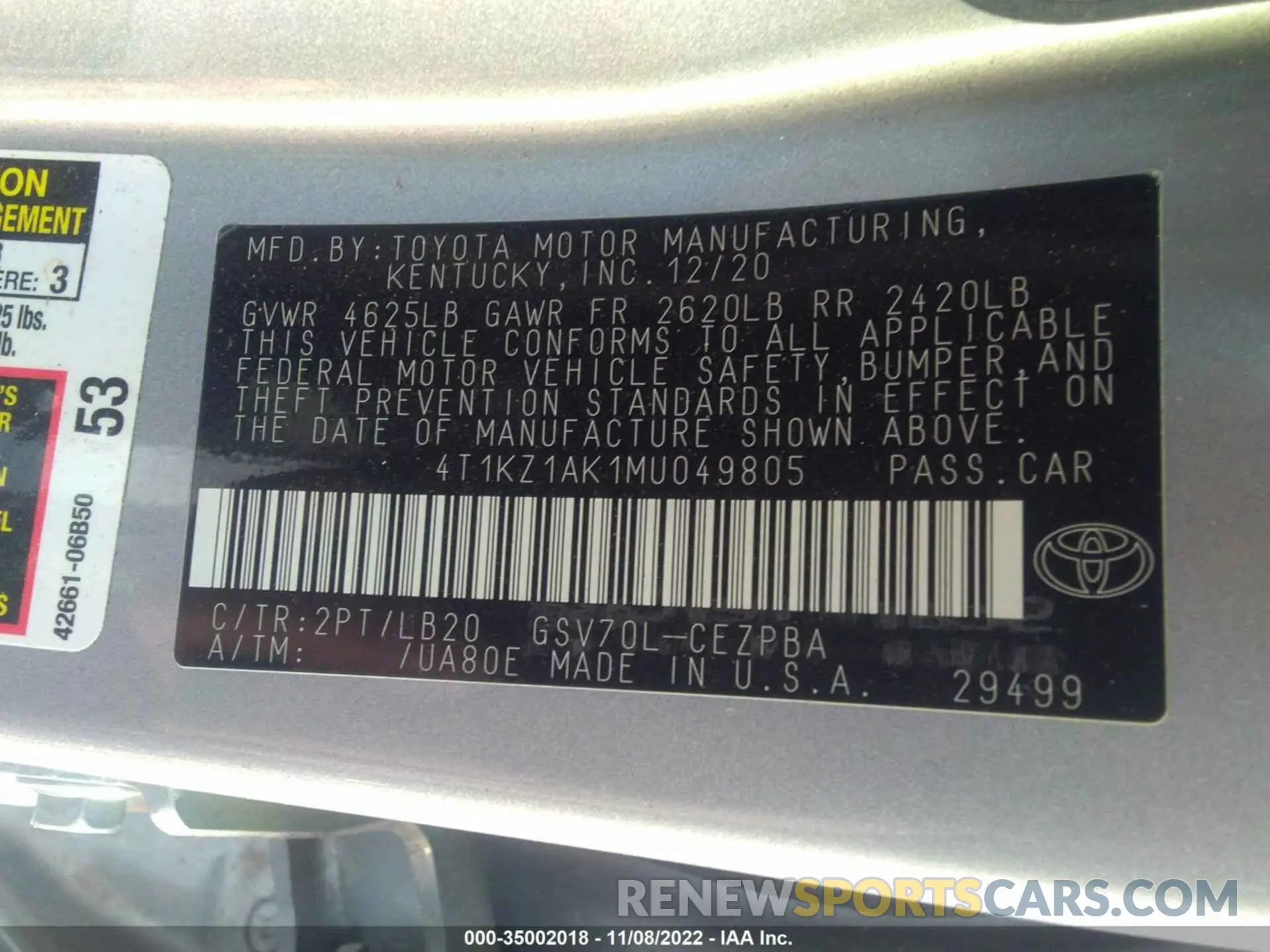 9 fotografías del automóvil dañado 4T1KZ1AK1MU049805 TOYOTA CAMRY 2021