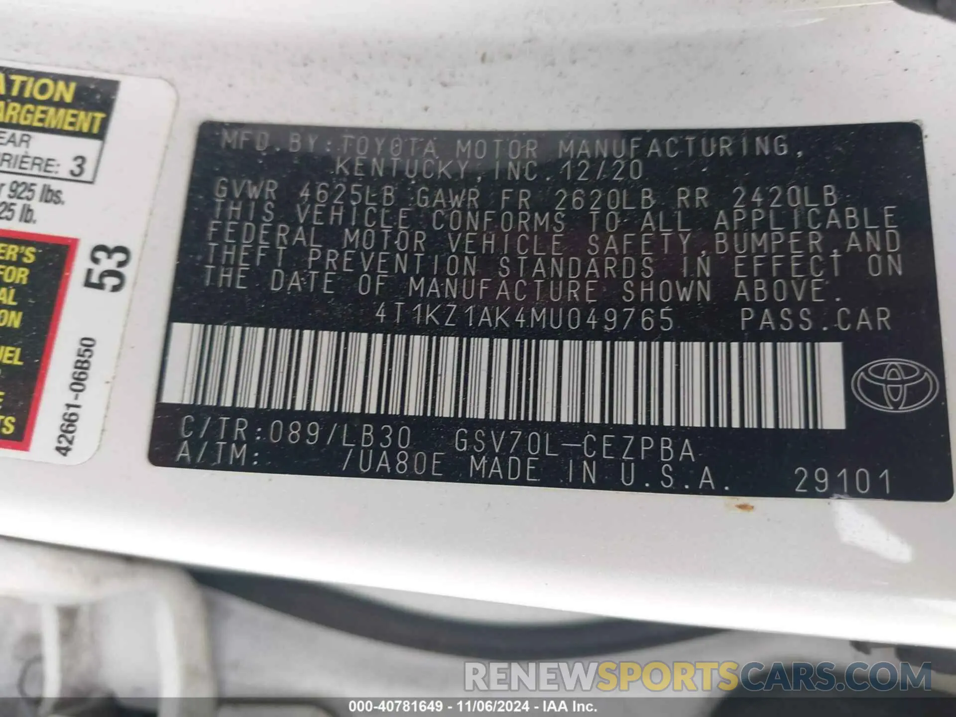 9 fotografías del automóvil dañado 4T1KZ1AK4MU049765 TOYOTA CAMRY 2021