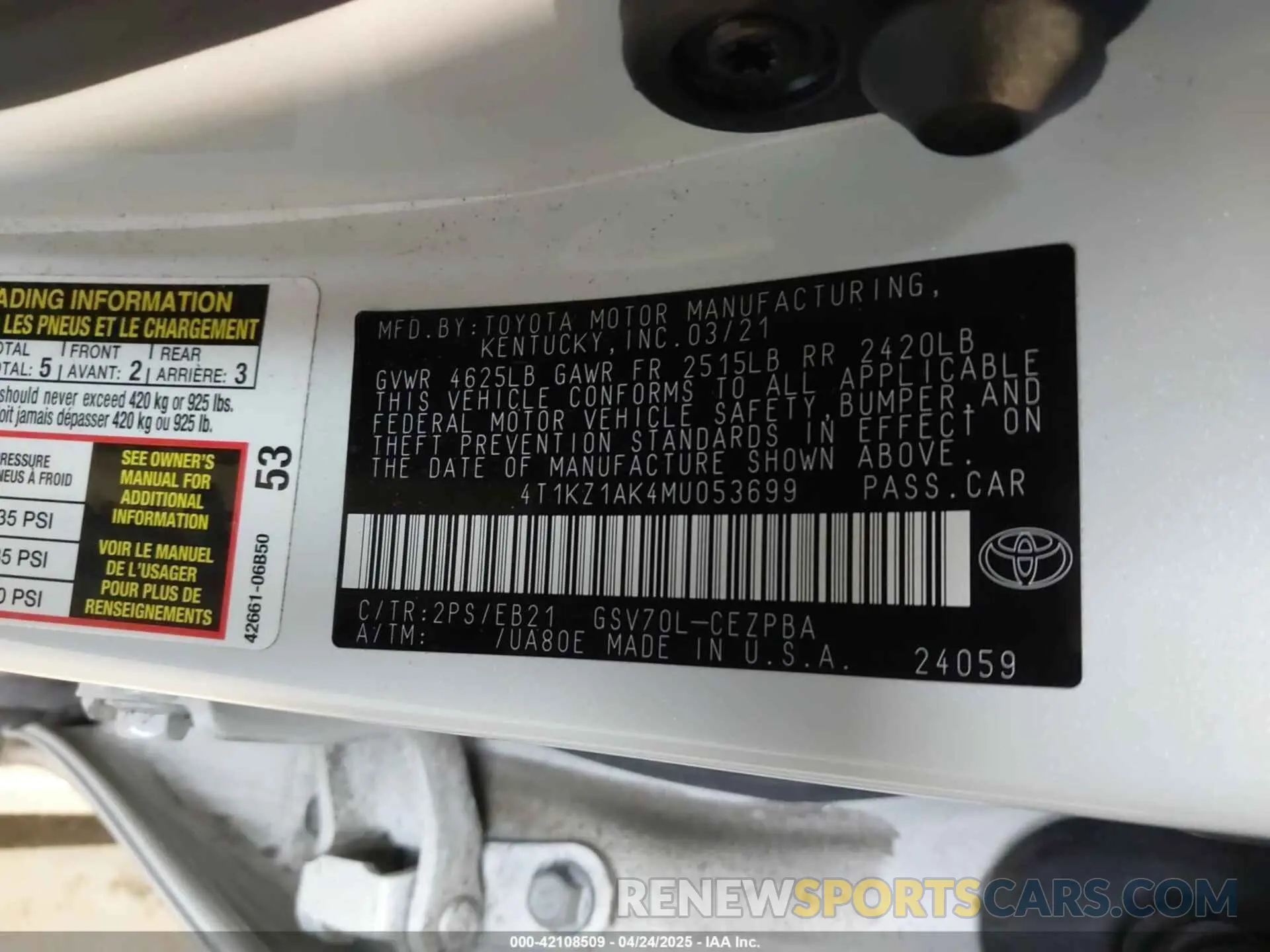 9 fotografías del automóvil dañado 4T1KZ1AK4MU053699 TOYOTA CAMRY 2021