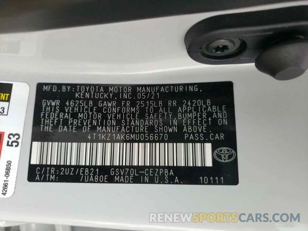 10 fotografías del automóvil dañado 4T1KZ1AK6MU056670 TOYOTA CAMRY 2021