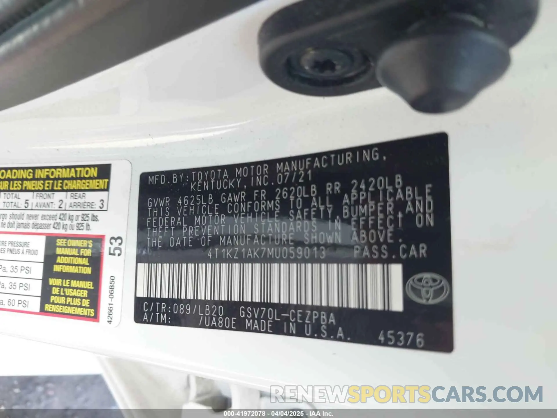 9 fotografías del automóvil dañado 4T1KZ1AK7MU059013 TOYOTA CAMRY 2021