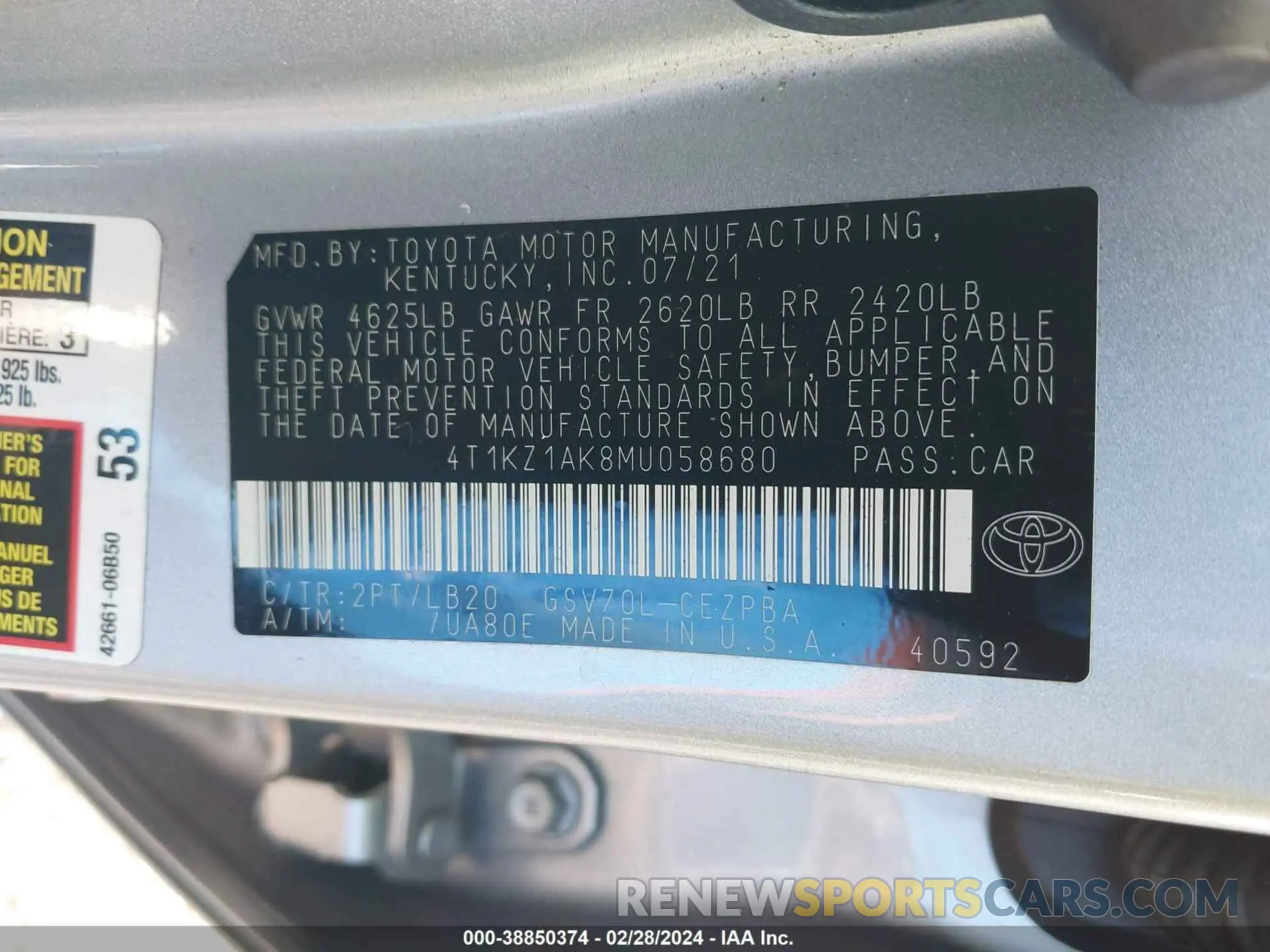 9 fotografías del automóvil dañado 4T1KZ1AK8MU058680 TOYOTA CAMRY 2021